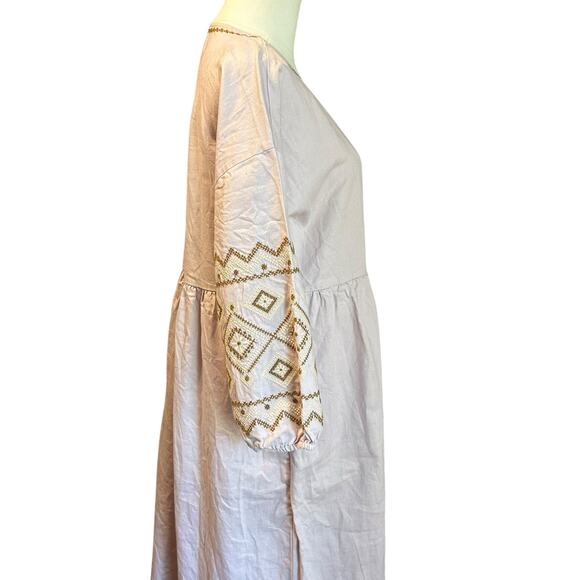 Madewell V-Neck Dress Linen Blend Embroidered Neckline & Peasant Sleeves SZ SM - Picture 7 of 10